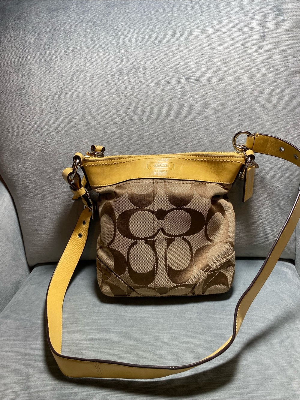 Coach Brown Signature Canvas Crossbody with Yellow Leather Trim MSRP $220